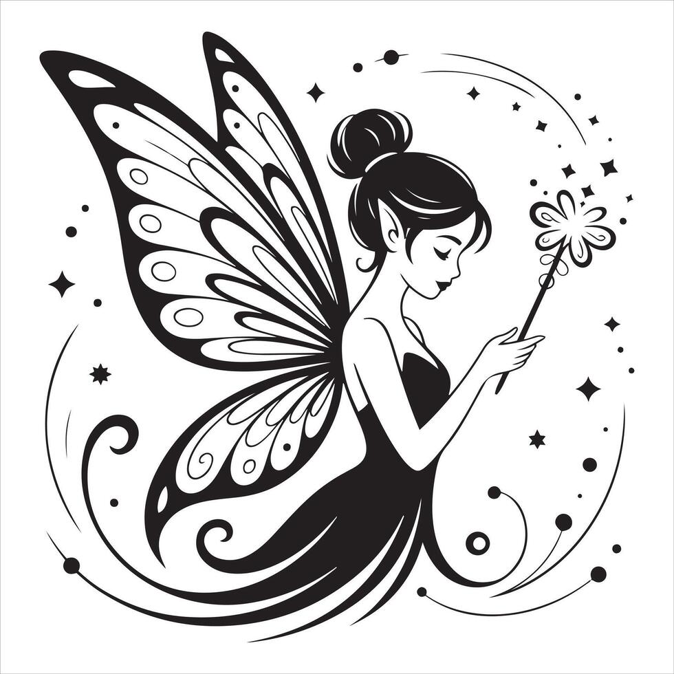 Enchanting Fairy with Wand and Wings in Black and White vector