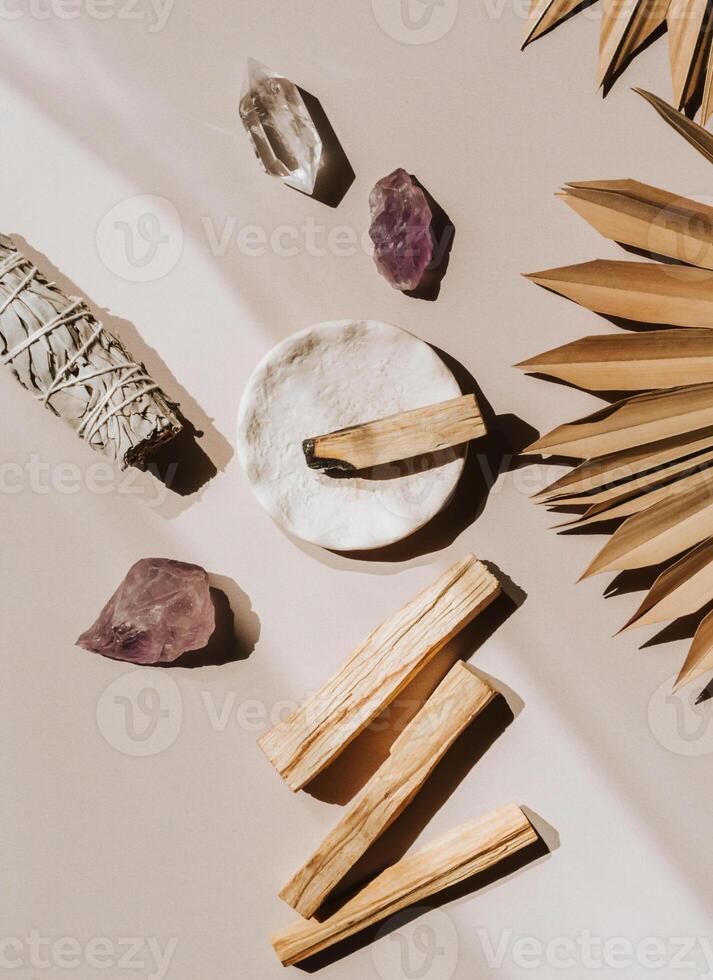 White sage and Palo Santo and amethyst and crystals photo