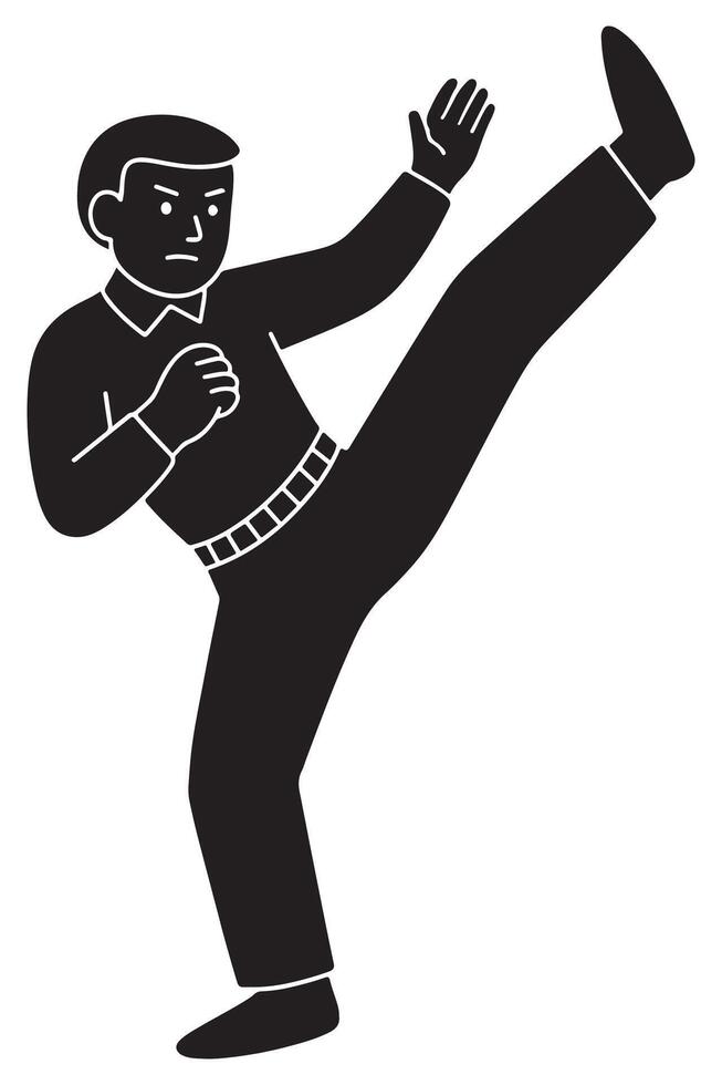 Silhouette of a man in a karate high kick pose with arms balanced vector