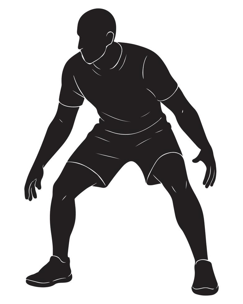 Silhouette of a man dribbling an invisible basketball, knees bent, silhouette of a basketball player vector