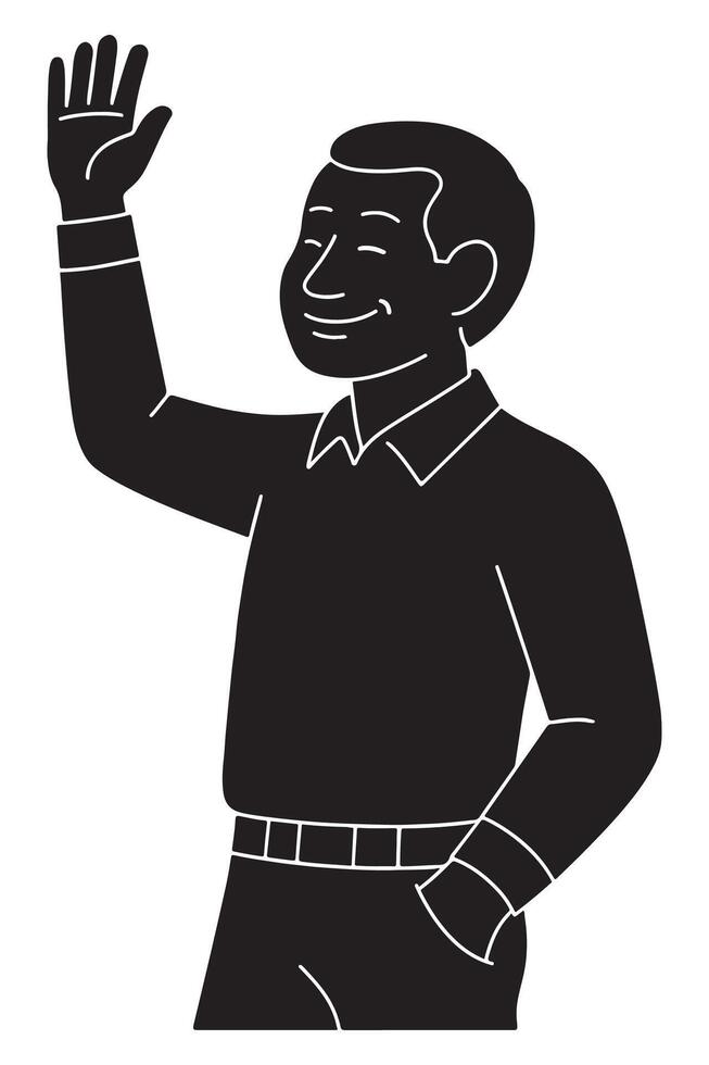 Silhouette of a man waving with one arm raised above shoulder looking happy vector