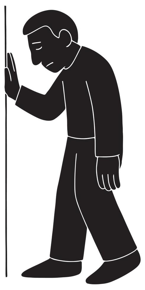 Silhouette of a man gently placing one hand against a wall, head lowered vector