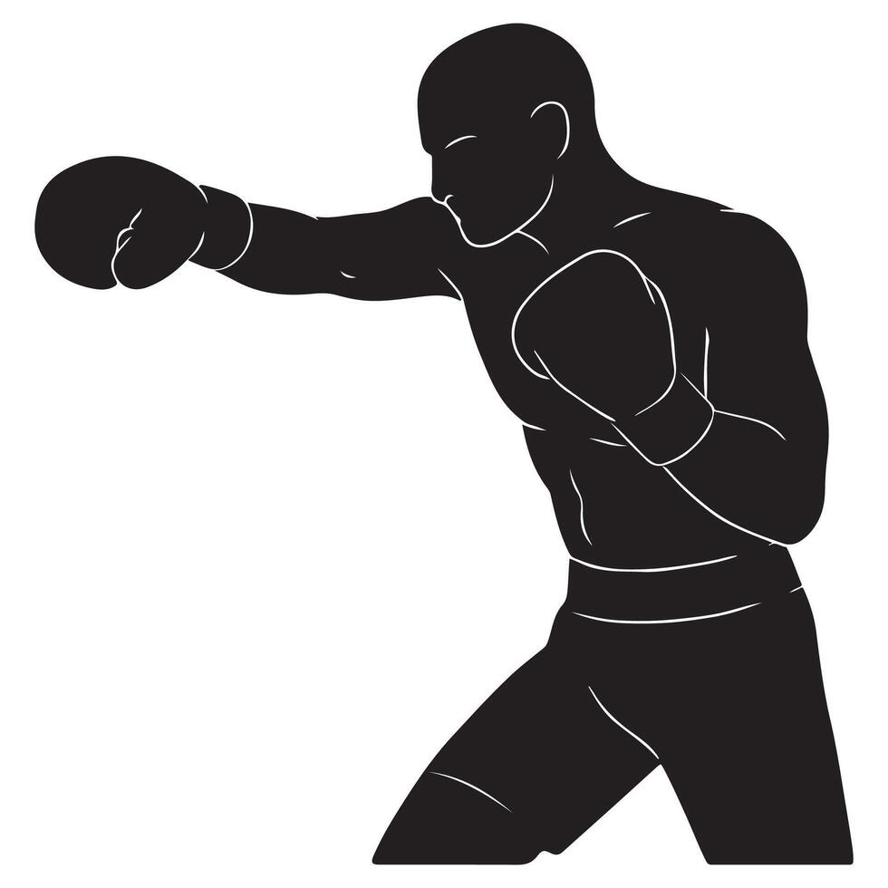 Silhouette of a man throwing a punch with body twisted and focused, silhouette of a boxer vector
