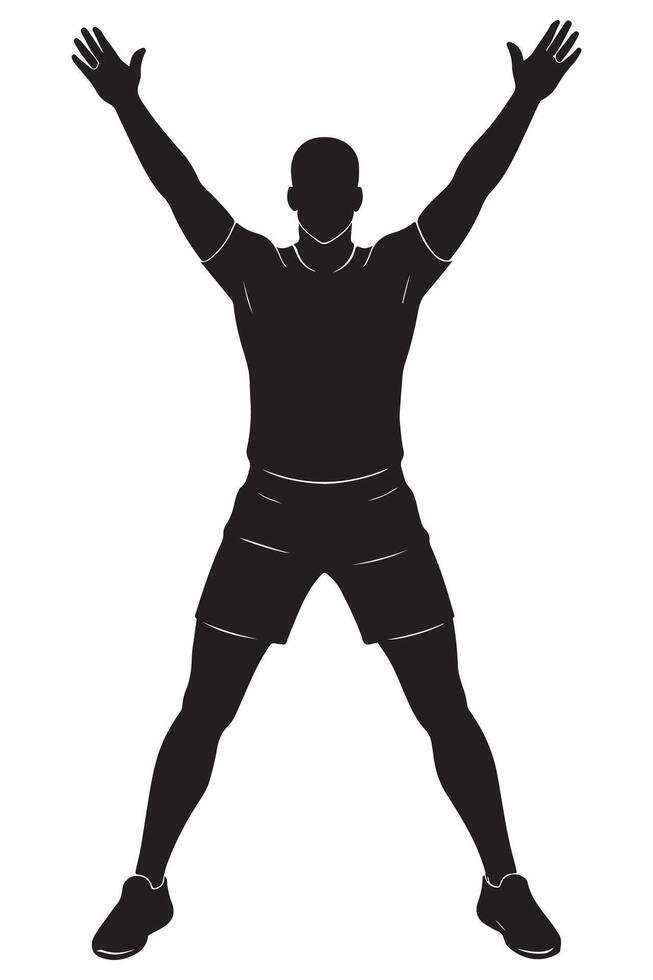 Silhouette of a man doing jumping jacks with arms and legs spread wide vector