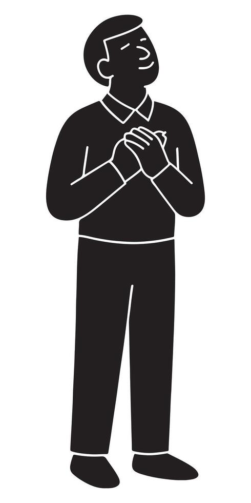 Silhouette of a man looking upward with both hands over his heart vector