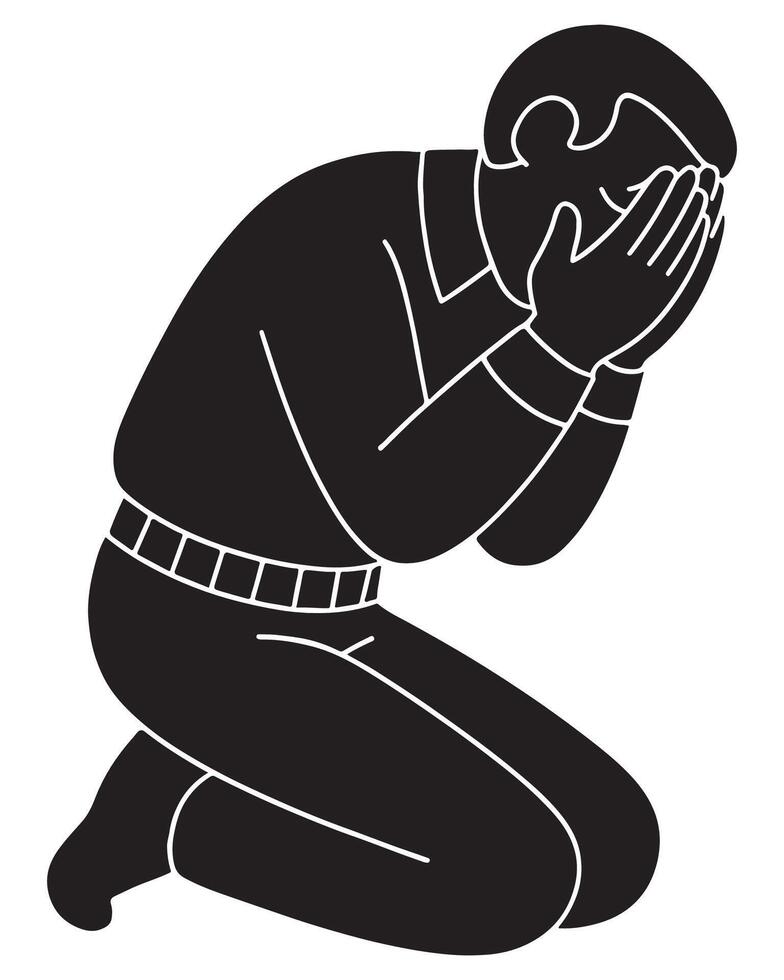 Silhouette of a man kneeling and resting head in both hands in private prayer, silhouette of man crying while praying vector