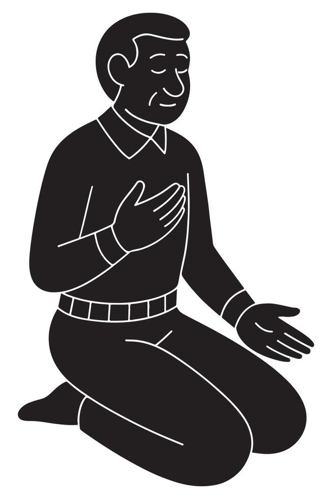Silhouette of a man sitting silently with both hands open on knees, meditative pose vector