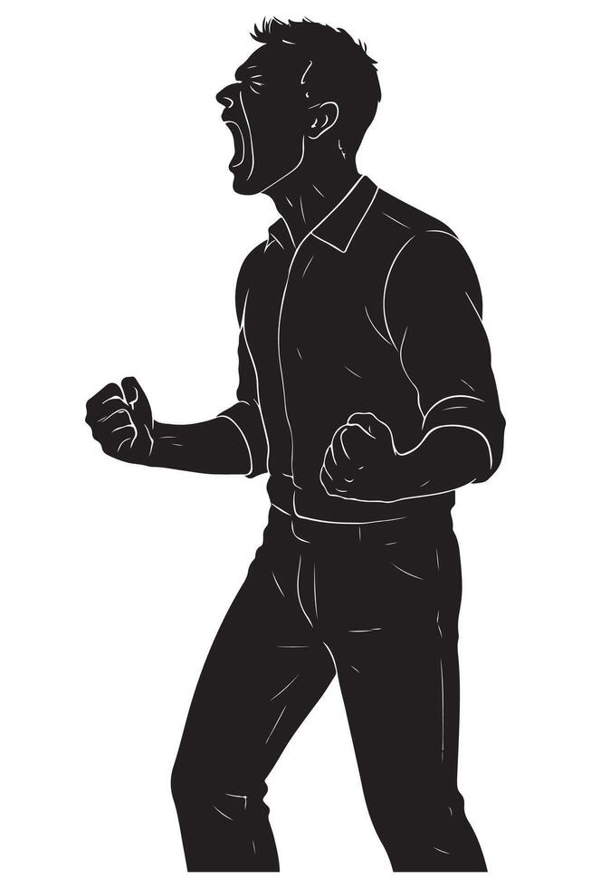 Silhouette of a man screaming with mouth wide open and fists clenched, silhouette of angry man vector