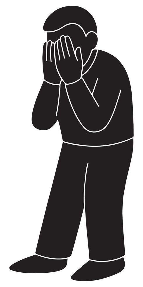 Silhouette of a man clapping both hands over his face in shyness vector