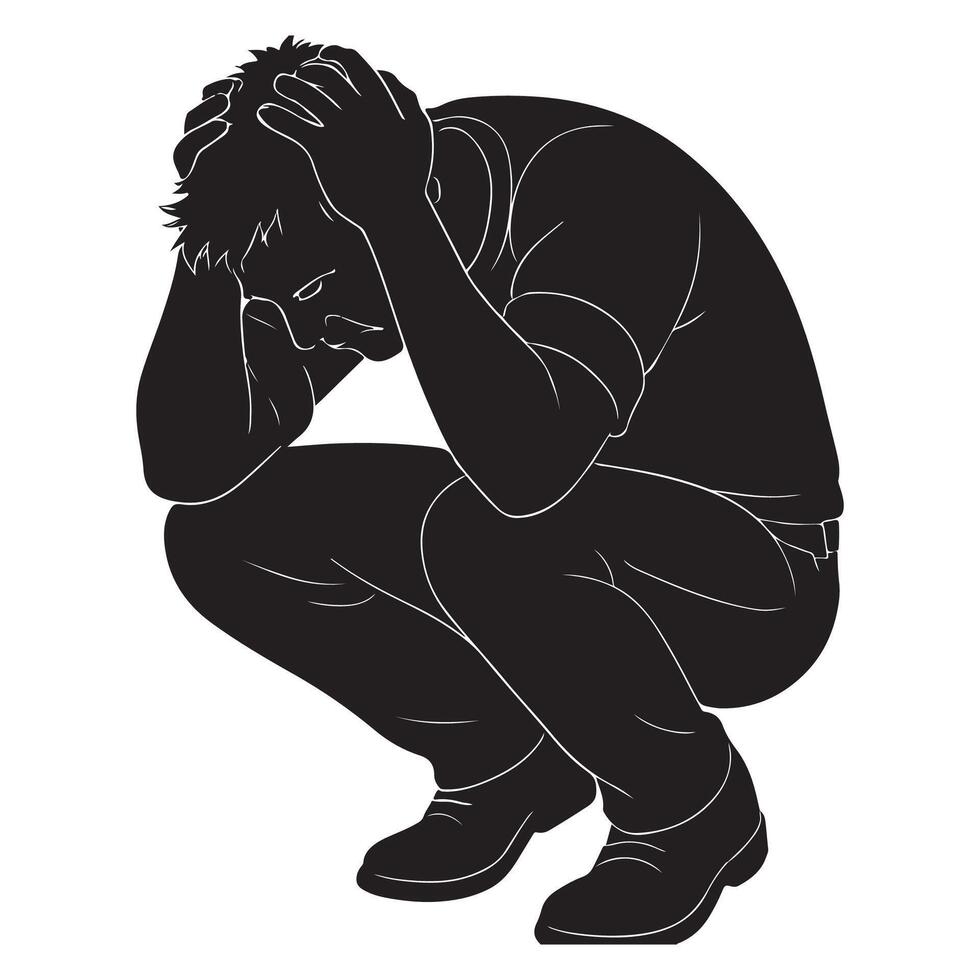 Silhouette of a man crouched down gripping his head tightly, silhouette of a man in tension vector