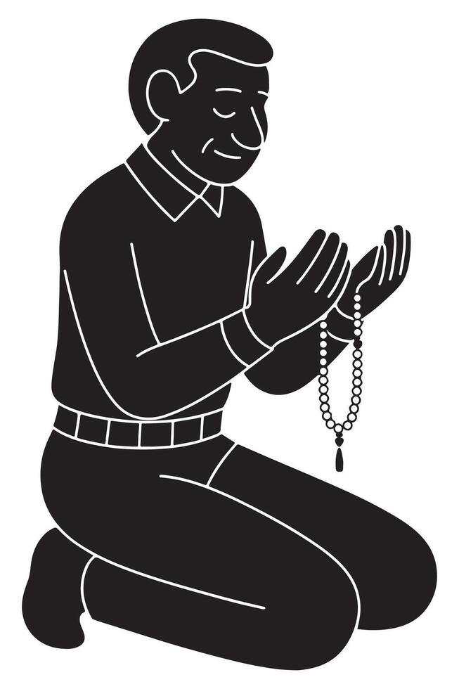 Silhouette of a man sitting cross-legged with a prayer bead string in hand, silhouette of praying man vector