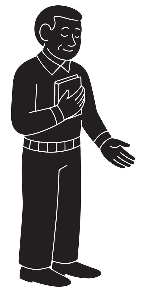 Silhouette of a man holding a small book near chest, indicating scripture or prayer vector
