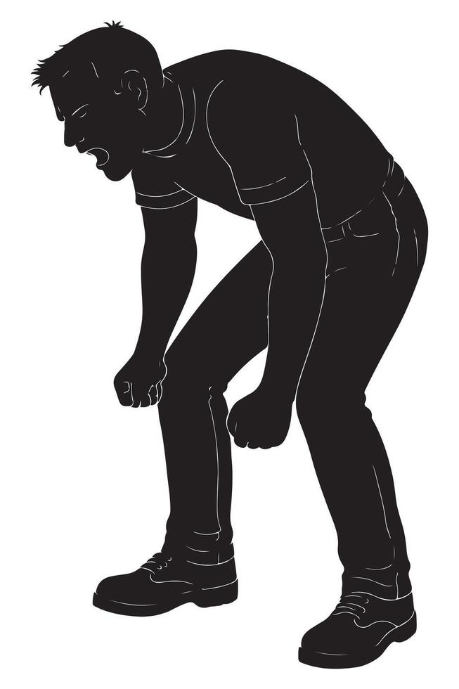 Silhouette of a man breathing heavily with fists on knees in angry exhaustion vector