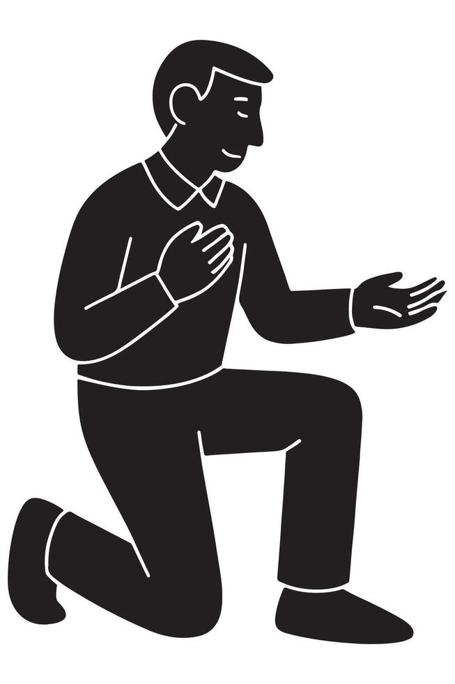 Silhouette of a man kneeling with one hand outstretched in a proposal gesture, proposing man silhouette vector