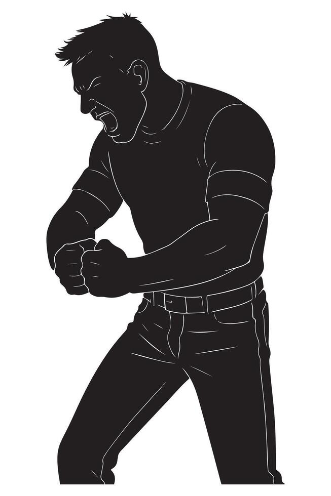 Silhouette of a man pounding his fists together in raw aggression, silhouette of man full of aggression vector