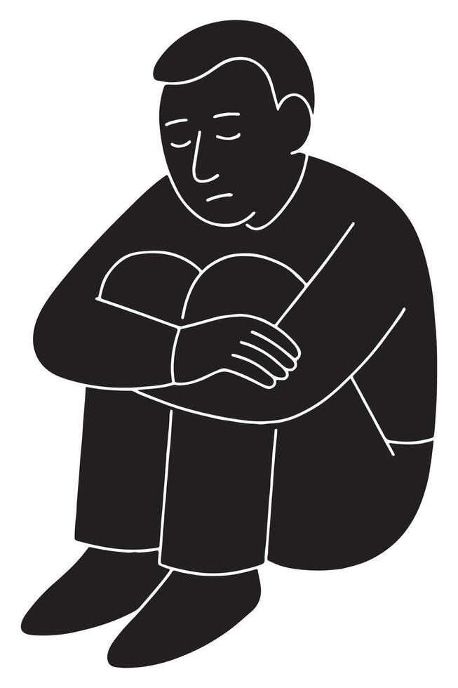 Silhouette of a man sitting with knees up and arms around them, lost in thought vector