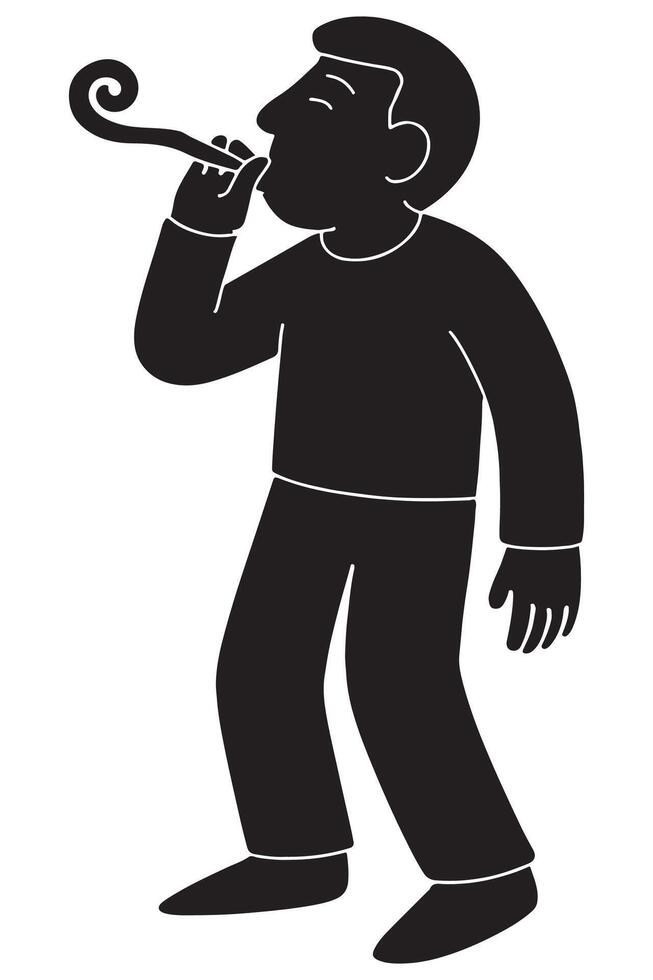 Silhouette of a man blowing a party horn with one hand to mouth vector