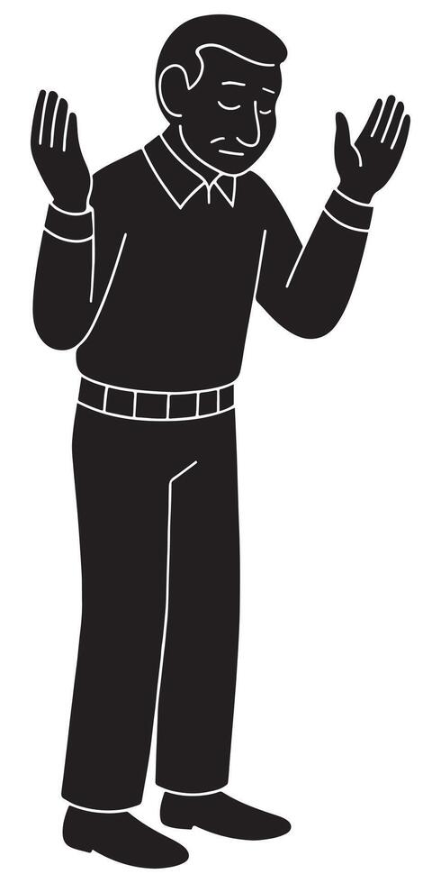 Silhouette of a man with arms lifted in deep prayer, head slightly bowed vector