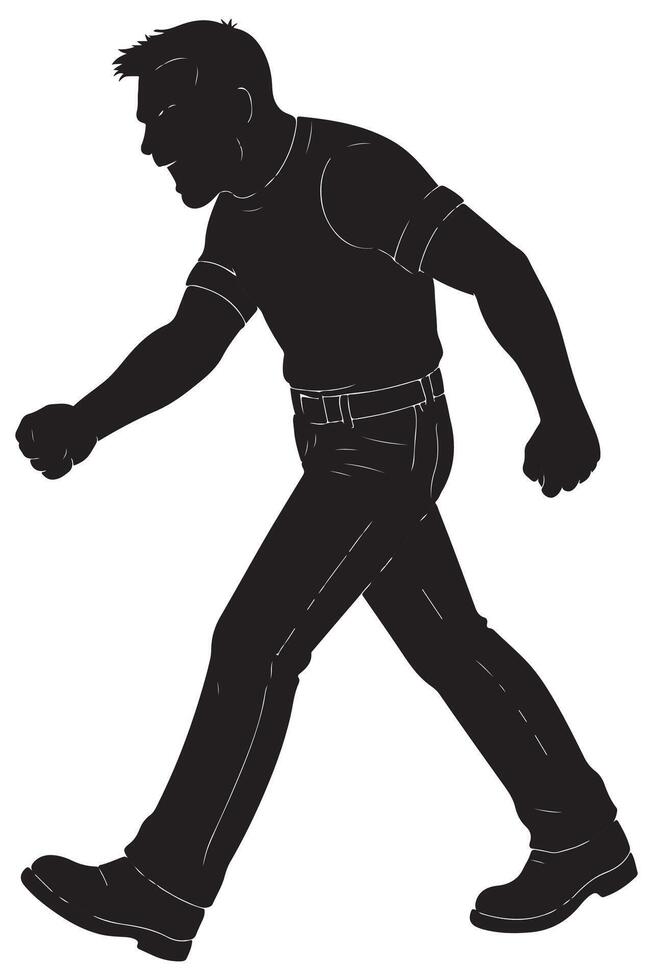 Silhouette of a man walking aggressively, arms swinging hard, silhouette of aggressive man vector