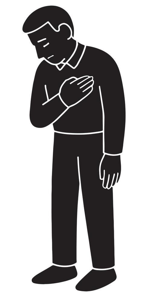 Silhouette of a man standing with head lowered and hand resting on heart vector
