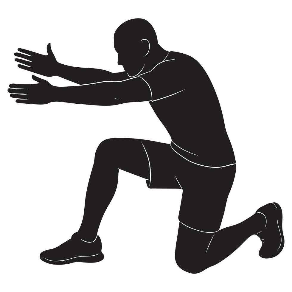 Silhouette of a man stretching before a run with one leg bent and arms reaching vector