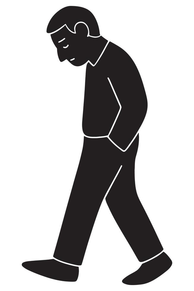 Silhouette of a man walking slowly with a bowed head and hands in pockets, sad man silhouette vector
