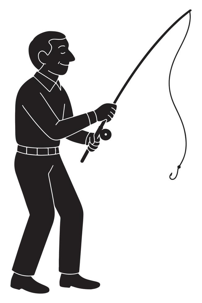 Silhouette of a man fishing, holding a rod extended forward vector