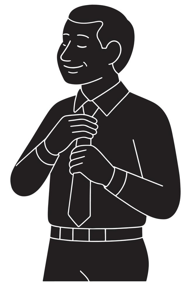 Silhouette of a man adjusting his tie with both hands near neck vector