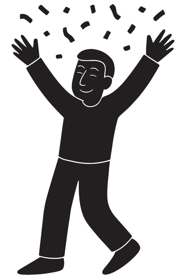 Silhouette of a man throwing confetti into the air with arms stretched high vector