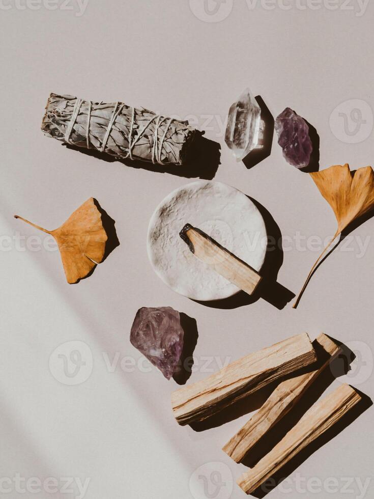 White sage, Palo Santo amethyst and quartz crystal photo