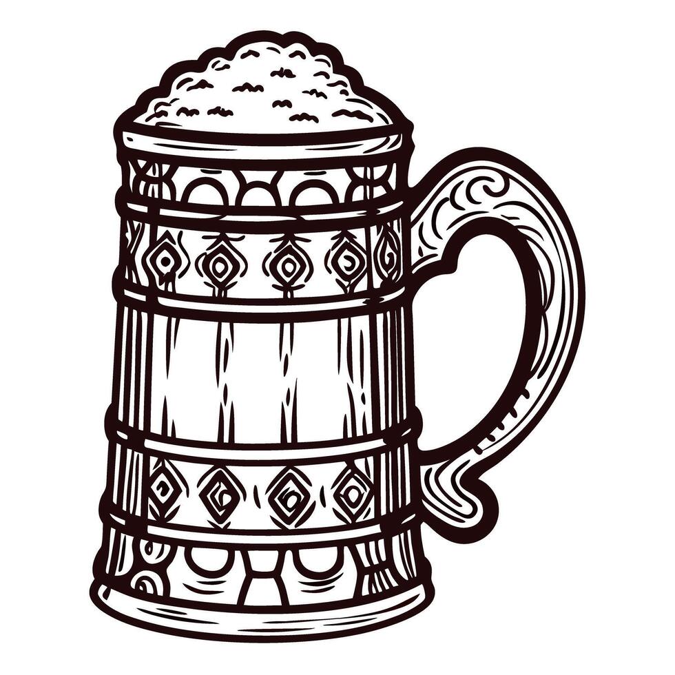 Hand drawn vintage wooden beer mug with detailed carving and frothy foam isolated on white background vector