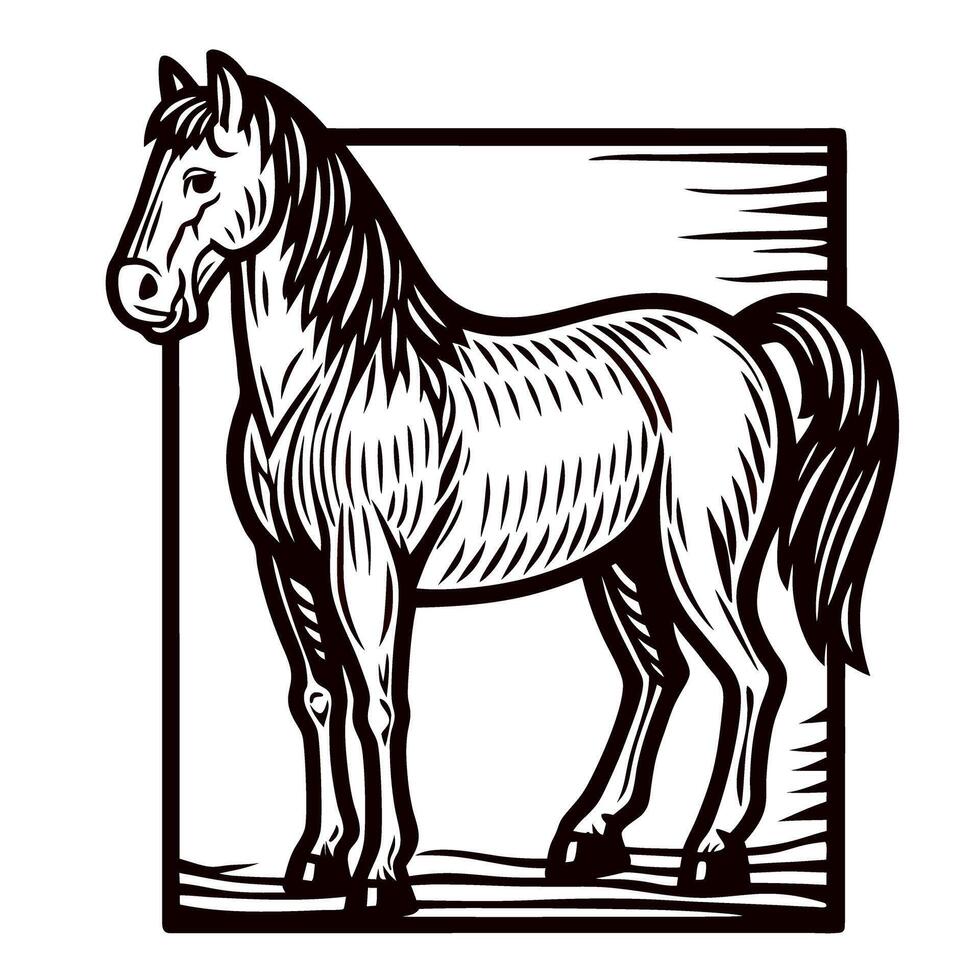 Engraved illustration of standing horse in vintage with textured lines and detailed mane inside square frame vector