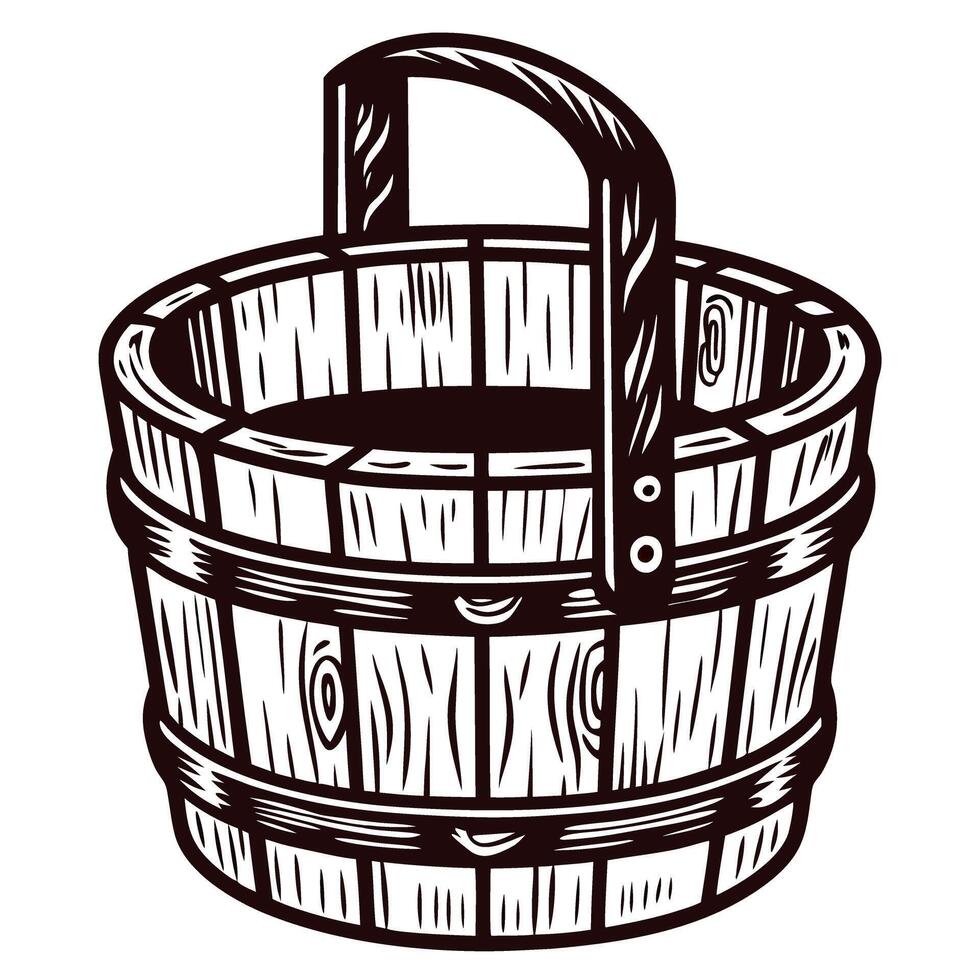 Hand drawn wooden bucket with handle vintage engraved rustic container illustration isolated on white background vector