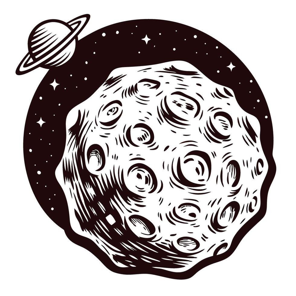 Engraved illustration of cratered asteroid with ringed planet in starry outer space vector