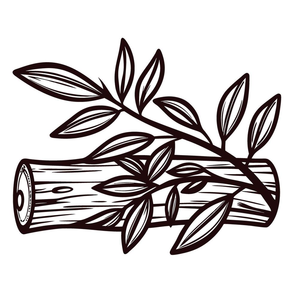 Engraved illustration of a wooden log with leafy branch and foliage isolated on white background vector