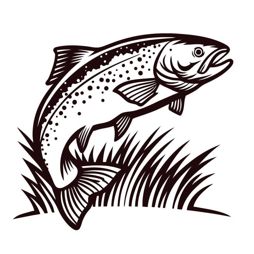 Jumping trout fish sketch with detailed fins, tail, and grass in monochrome hand drawn engraving illustration vector