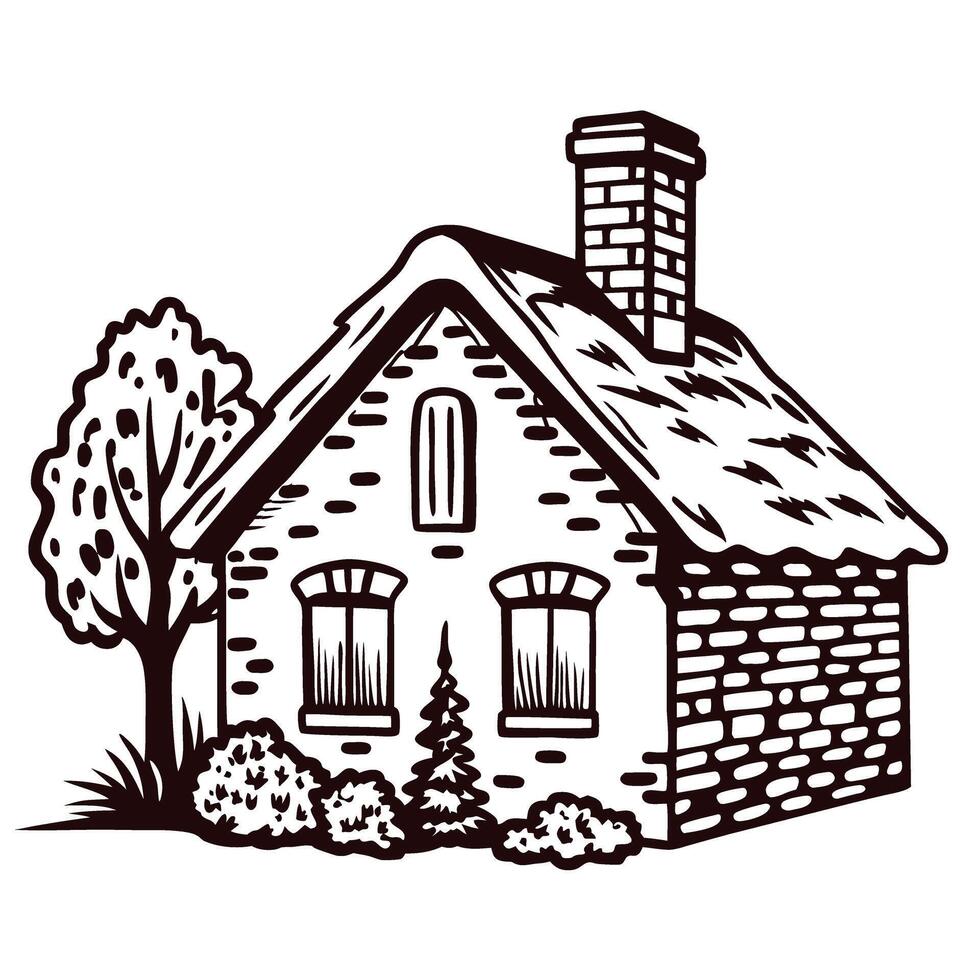 Charming rustic stone cottage with thatched roof and chimney surrounded by trees and shrubs isolated on white vector