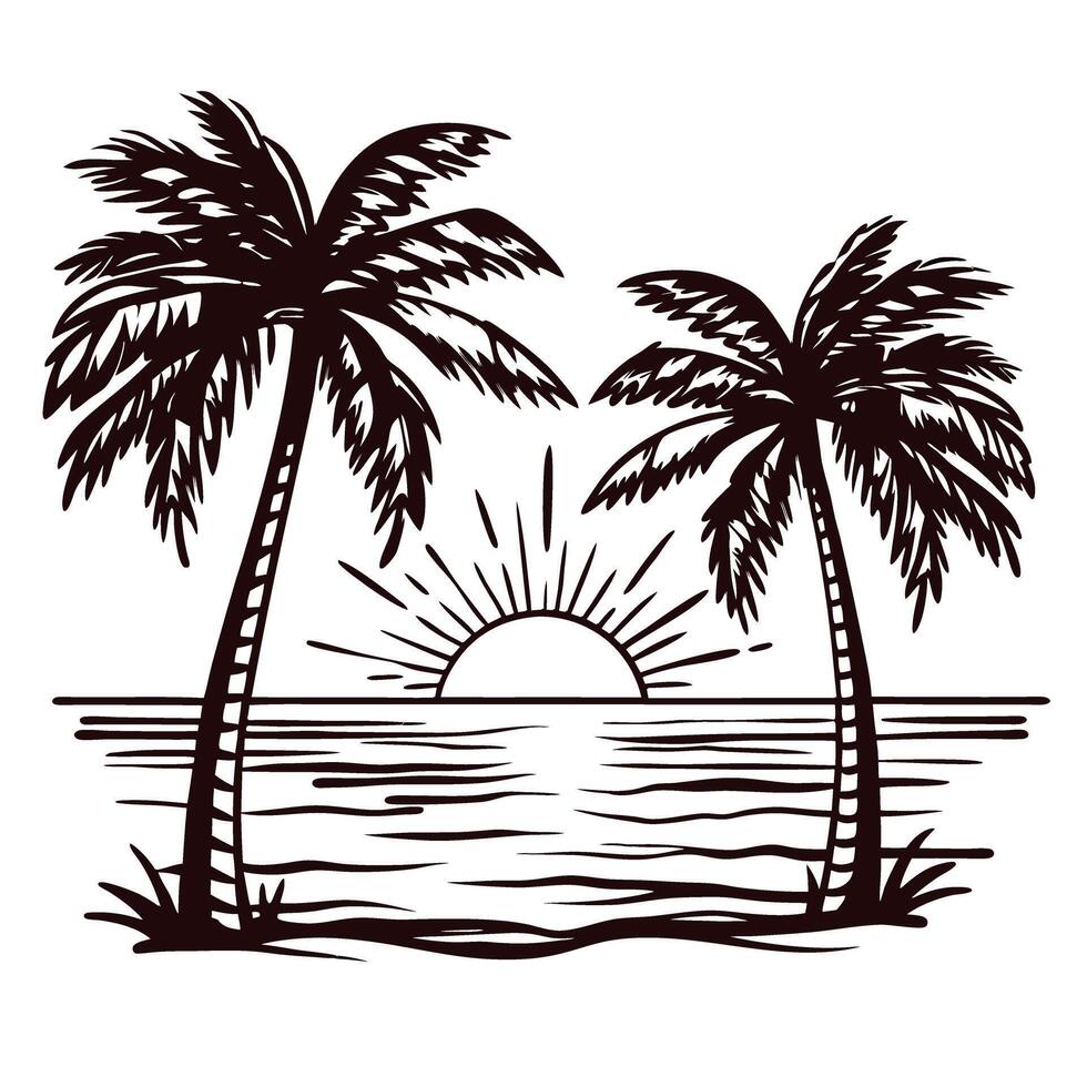 Scenic sunset with palm trees over ocean horizon vector