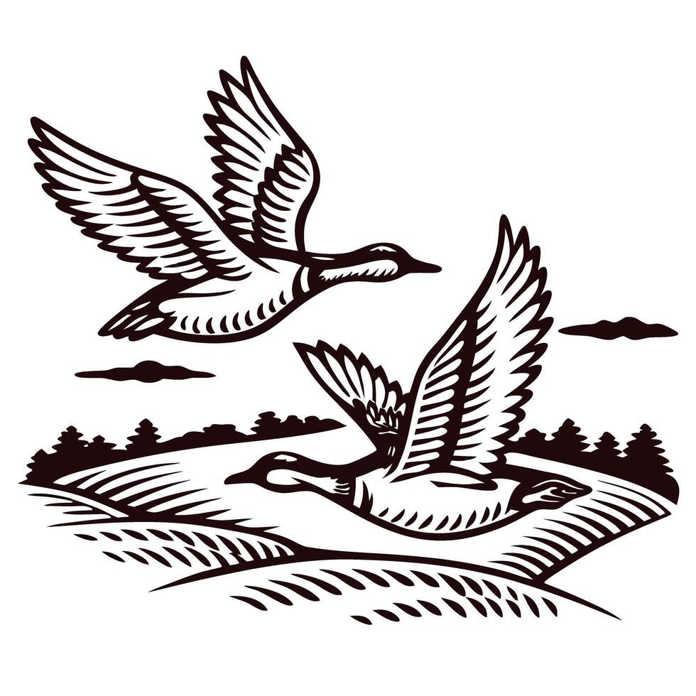 Stylized of ducks in flight over a scenic landscape vector