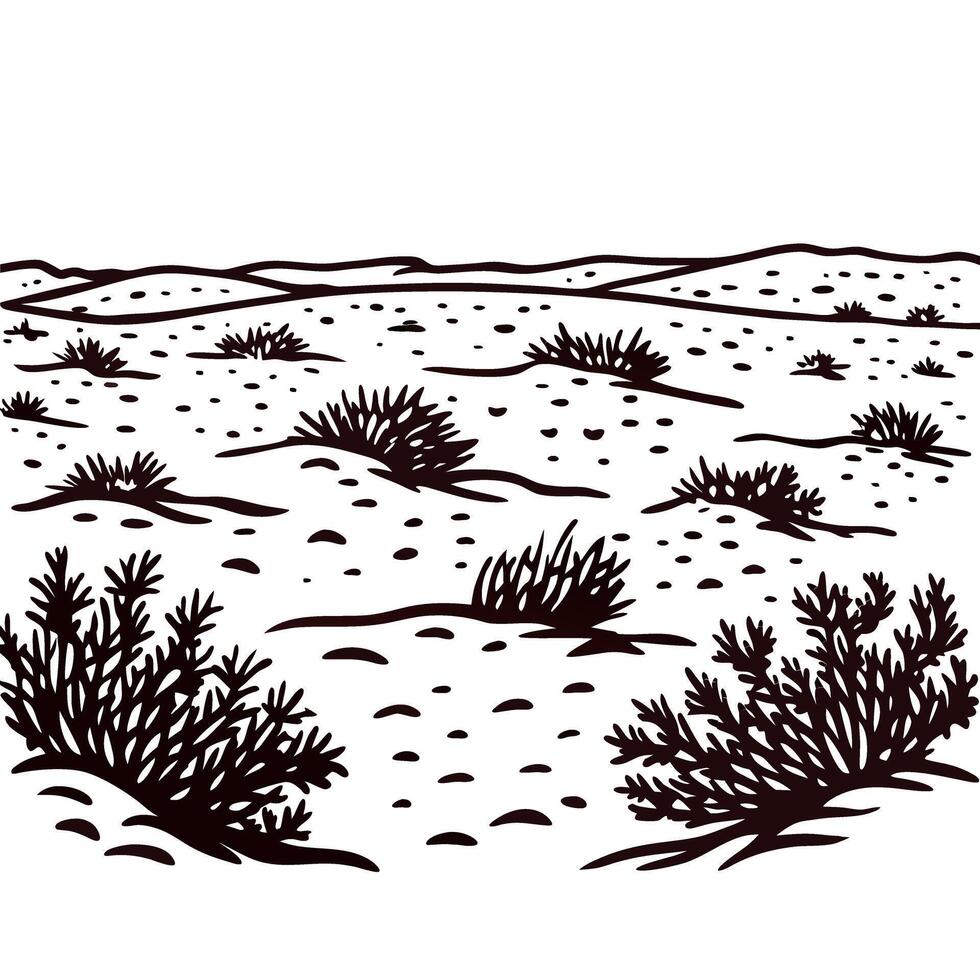Desert landscape illustration with bushes and sandy hills in vintage engraved vector