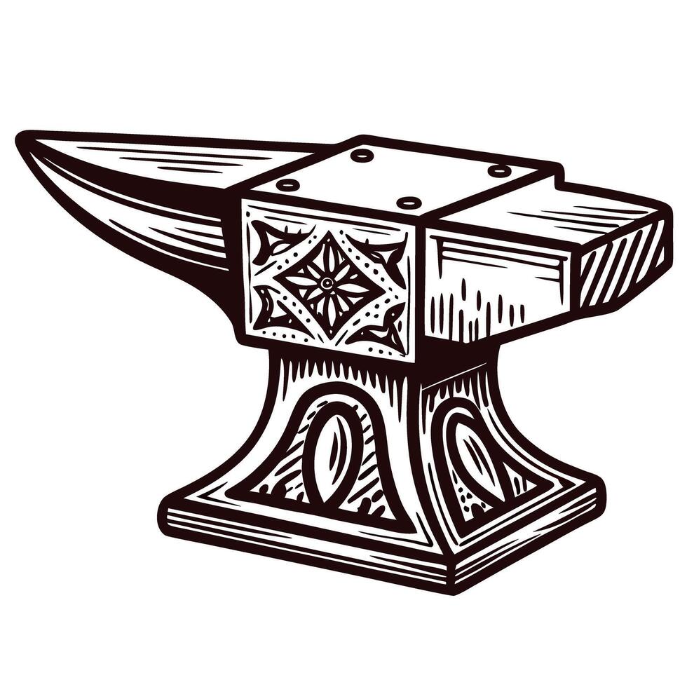 Hand drawn vintage blacksmith anvil illustration with ornate decorative details isolated on white background vector