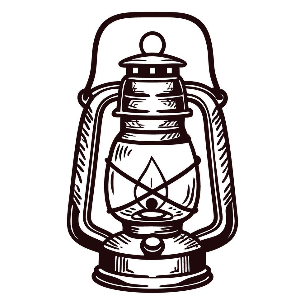Hand drawn vintage oil lantern illustration with open flame, detailed sketch in black and white isolated on white background vector