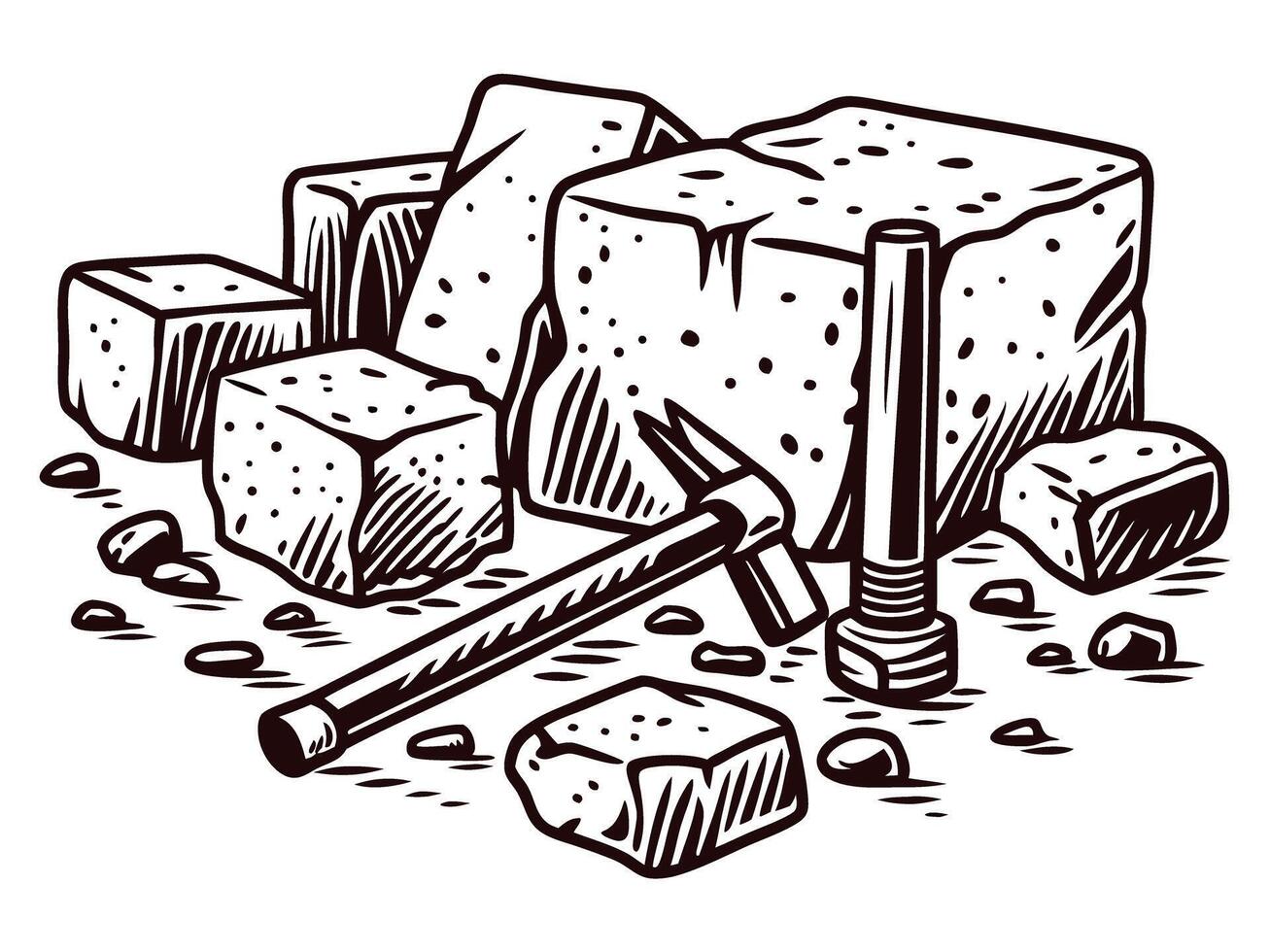 Hand drawn stone quarry tool and rock blocks engraving illustration isolated on white background vector