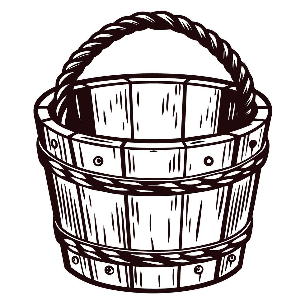 Vintage wooden bucket with rope handle, rustic hand drawn illustration isolated on white background vector