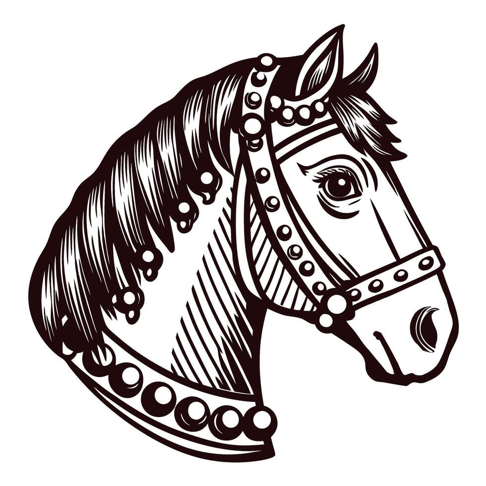 Detailed vintage engraved illustration of a horse head in profile view with decorative bridle and mane vector