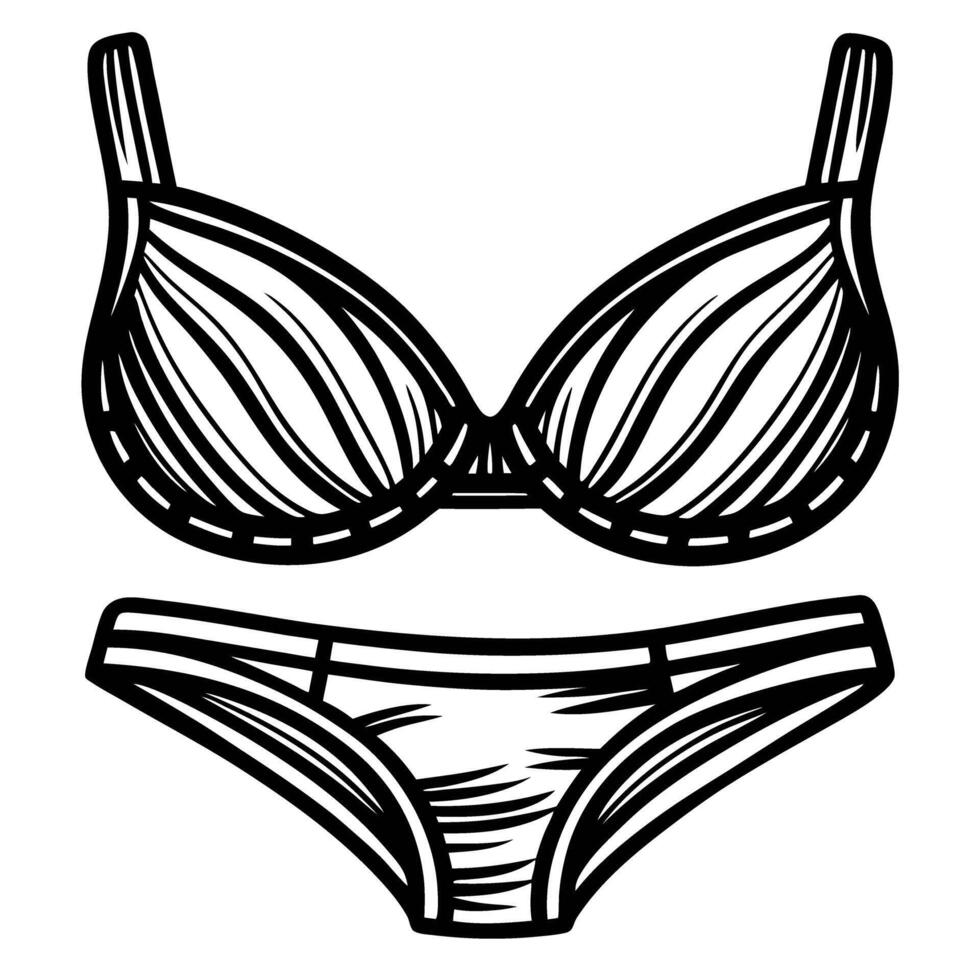 Hand drawn black and white illustration of bra and panties set underwear icon, doodle style, isolated on white vector