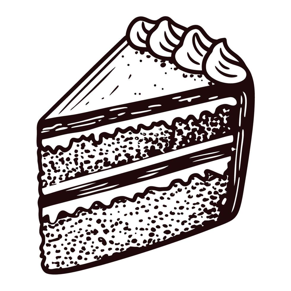 Vintage hand drawn illustration of layered slice of cake with frosting and cream decoration on white background vector
