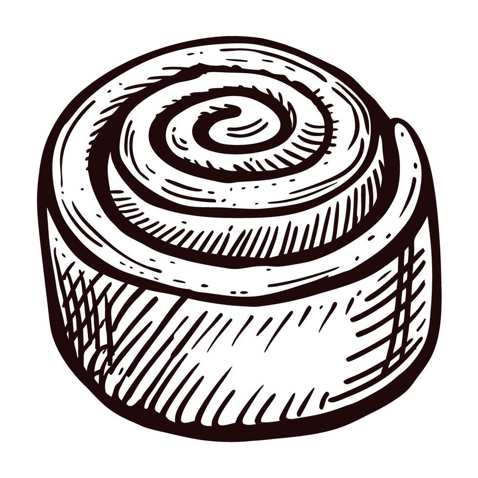 Hand drawn cinnamon roll swirl vintage bakery pastry sketch in black and white isolated on white background vector