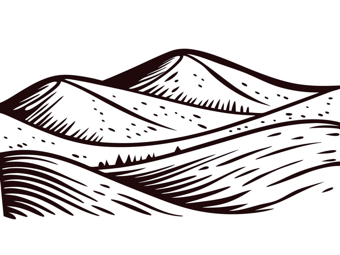 Hand drawn rolling hills with trees and textured patterns in monochrome design vector