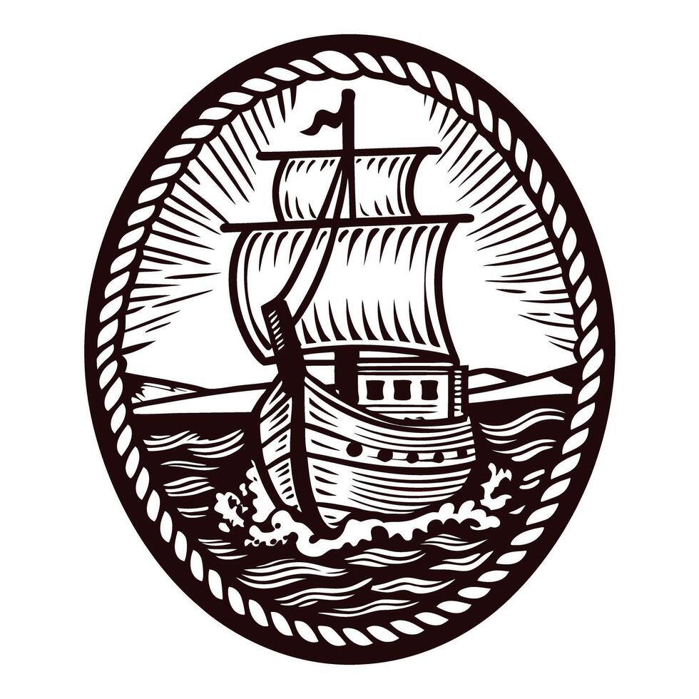 Vintage engraved illustration of an old sailing ship at sea in oval rope frame with waves and rays vector